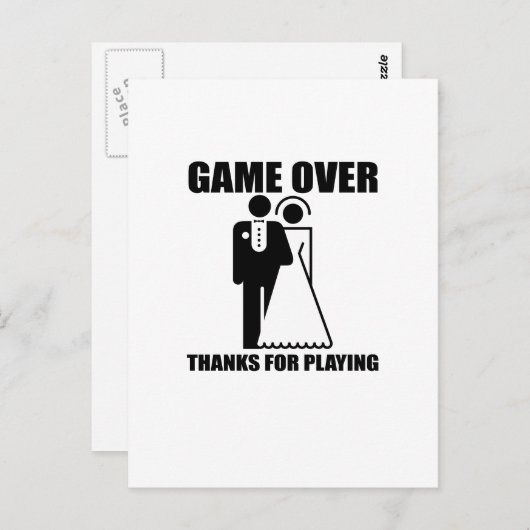 Carte Postale Drôle, "Game Over" design Mariage (Devant / Derrière)