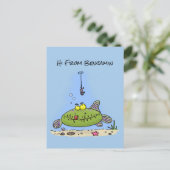 Carte Postale Drôle gras affamé poisson vert dessin de pêche (Debout devant)