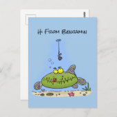 Carte Postale Drôle gras affamé poisson vert dessin de pêche (Devant / Derrière)