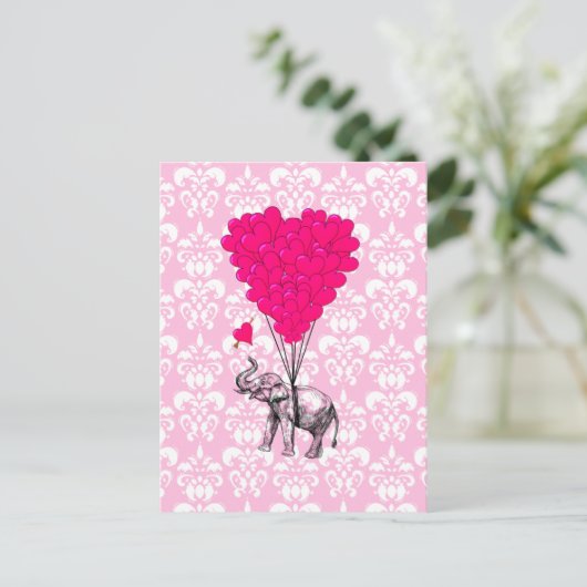 Carte Postale Drôle joli éléphant et damas rose (Debout devant)