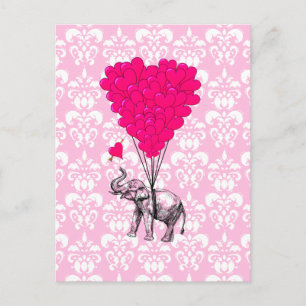 Carte Postale Drôle joli éléphant et damas rose