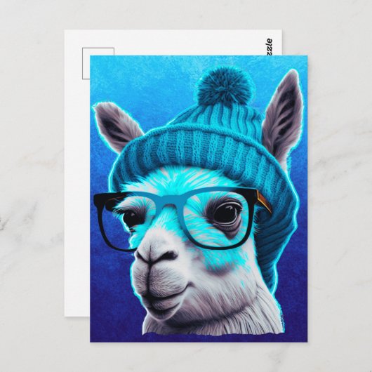 Carte Postale Drôle Llama Alpaca mignonne Animaux Lunettes Casqu (Devant / Derrière)