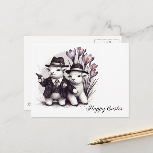 Carte Postale Drôle mignon Gangster Mouton de Pâques Fleurs pour (Devant/Arrière en situation)