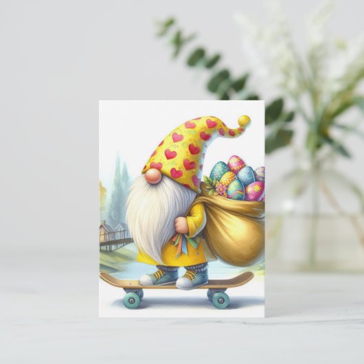 Carte Postale Drôle mignon Gnome de Pâques avec oeufs de Pâques (Debout devant)