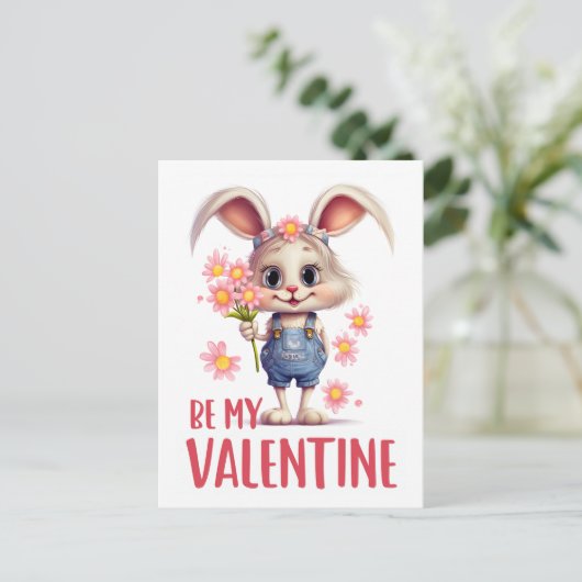 Carte Postale Drôle mignon Valentine Rabbit Fleurs roses (Debout devant)
