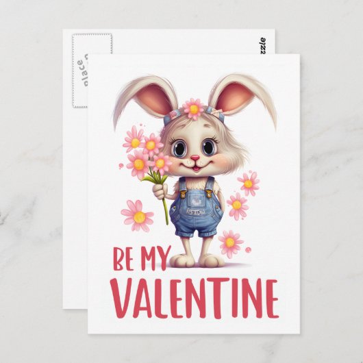 Carte Postale Drôle mignon Valentine Rabbit Fleurs roses (Devant / Derrière)