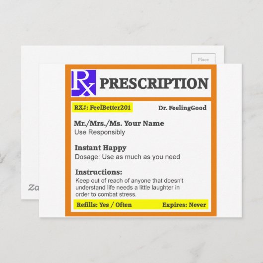Carte Postale Drôle ordonnance rx (Devant / Derrière)