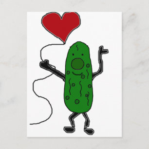 Carte Postale Drôle Pickle tient un ballon de coeur rouge