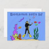 Carte Postale Drôle plongeur et poisson mer créatures dessin ani (Devant / Derrière)