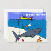 Carte Postale Drôle requin couché et dessin animé de pêche (Devant / Derrière)