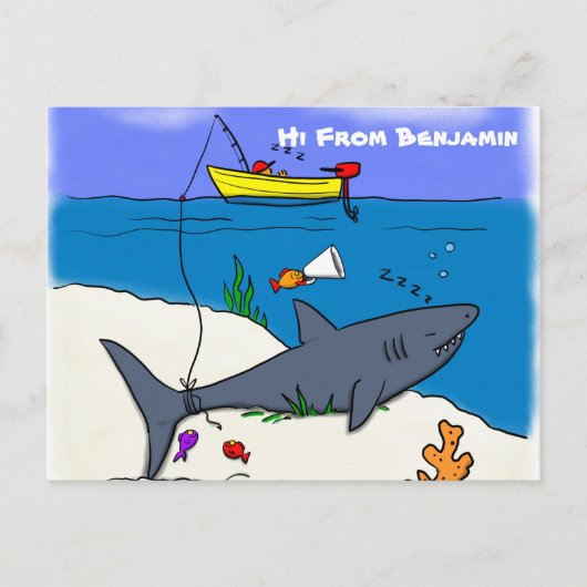 Carte Postale Drôle requin couché et dessin animé de pêche (Devant)