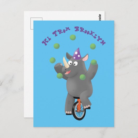 Carte Postale Drôle rhinocéros mignon jonglant sur monocycle (Devant / Derrière)