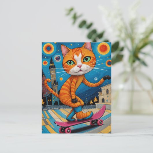 Carte Postale Drôle Skateboard Surreal Ginger Cat (Debout devant)
