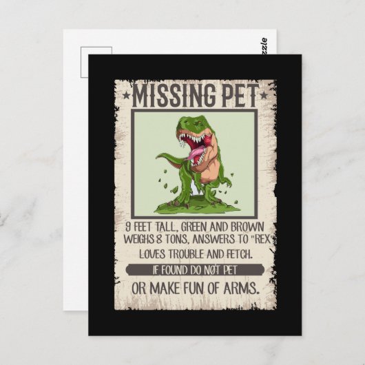 Carte Postale Drôle T-Rex Dino Pet Dinosaur Plaisanter (Devant / Derrière)