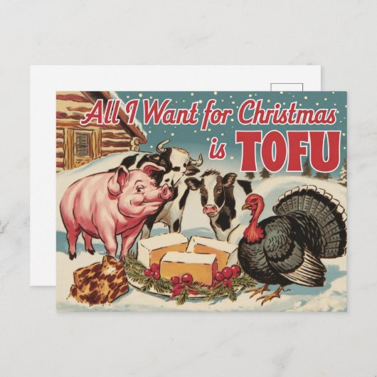 Carte Postale Drôle Vegan Végétarien de Noël Tofu (Devant / Derrière)