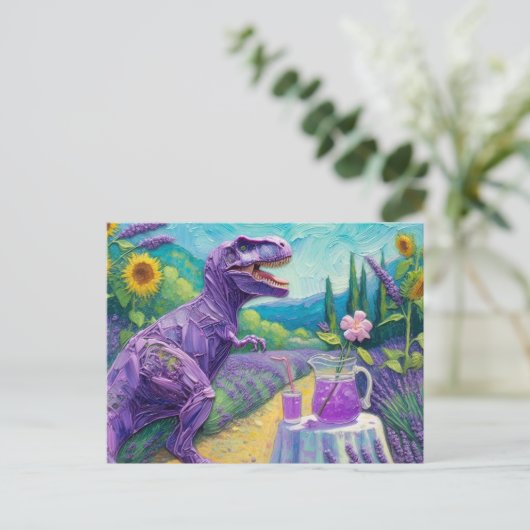 Carte Postale Drôle violet T-Rex avec lavande limonade imaginair (Debout devant)