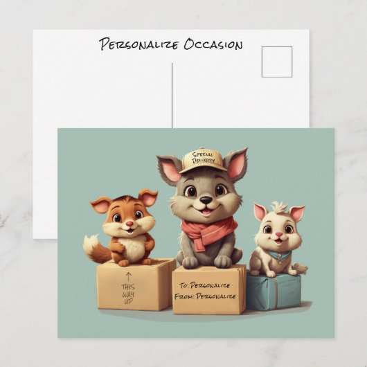 Carte Postale Drôles Animaux de Dessin Animé Mignons Livraison p (Devant / Derrière)