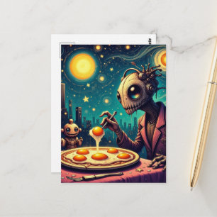 Carte Postale Drôles de robots funky mangeant des œufs frits