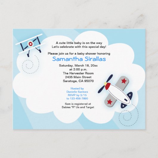 Carte postale du Baby shower d'avion Little Aviato (Devant)