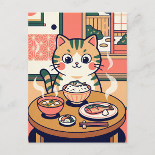 Carte postale du chat au petit-déjeuner