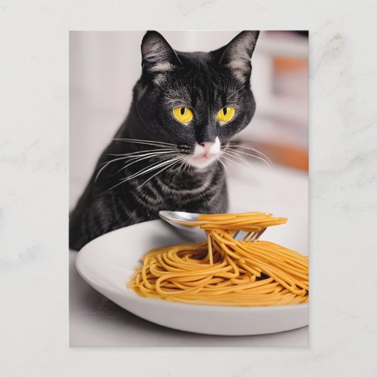 Carte postale du chat noir mangeant des spaghetti (Devant)