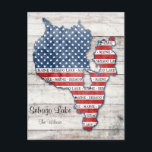 Carte postale du lac Sebago<br><div class="desc">Montrez votre fierté Sebago Lake, Maine et USA! Cette carte postale affiche une carte du lac Sebago, dans le Maine, remplie de graphiques de drapeau américain rouge, blanc et bleu. Personnalisez ceci avec votre nom et/ou adresse. Envoyez une carte postale de votre maison de lac ou de votre camp pour...</div>