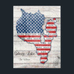 Carte postale du lac Sebago<br><div class="desc">Montrez votre fierté Sebago Lake, Maine et USA! Cette carte postale affiche une carte du lac Sebago, dans le Maine, remplie de graphiques de drapeau américain rouge, blanc et bleu. Personnalisez ceci avec votre nom et/ou adresse. Envoyez une carte postale de votre maison de lac ou de votre camp pour...</div>
