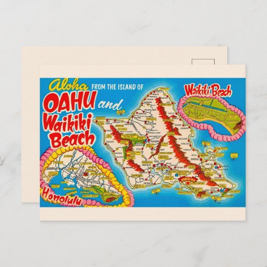 Carte postale du plan de la plage Wikiki d'Oahu (Devant / Derrière)