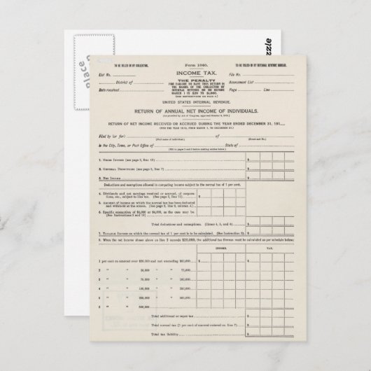 Carte postale du premier formulaire d'impôt sur le (Devant / Derrière)