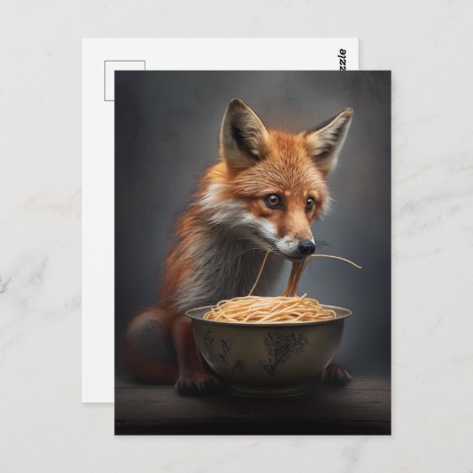 Carte postale du renard roux mangeant des spaghett (Devant / Derrière)