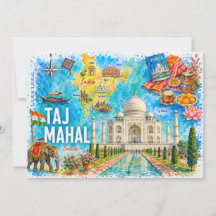 Carte postale du Taj Mahal en aquarelle, Inde, Mon