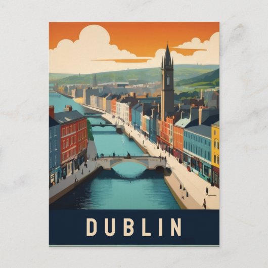 Carte Postale Dublin Irlande Retro Travel Art River scène (Devant)