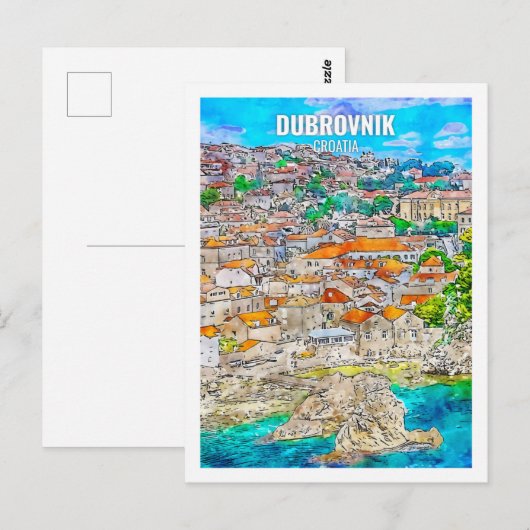 Carte Postale Dubrovnik Croatie Lieu de voyage Aquarelle (Devant / Derrière)