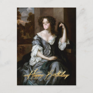 Carte Postale Duchesse soufflant un bubble gum rose Joyeux Anniv