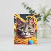 Carte postale d'un chat drôle mangeant des spaghet (Debout devant)