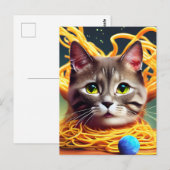 Carte postale d'un chat drôle mangeant des spaghet (Devant / Derrière)