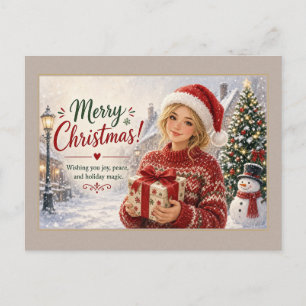 Carte postale d'une fille en pull rouge tenant un