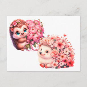 Carte Postale Duo de hérissons floraux romantiques mignons Illus