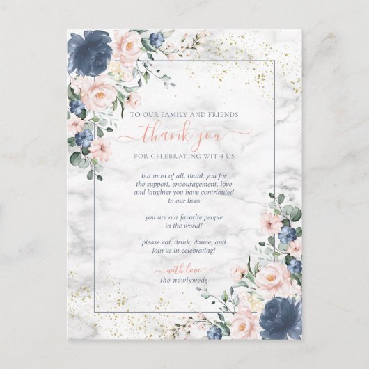 Carte Postale Dusty Blue Blush rose or Mariage Floral Merci (Devant)