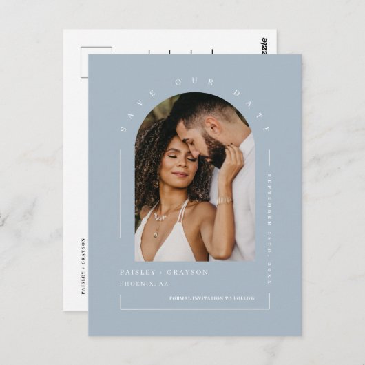 Carte Postale Dusty Blue Boho Arch Photo QR Code Enregistrer not (Devant / Derrière)