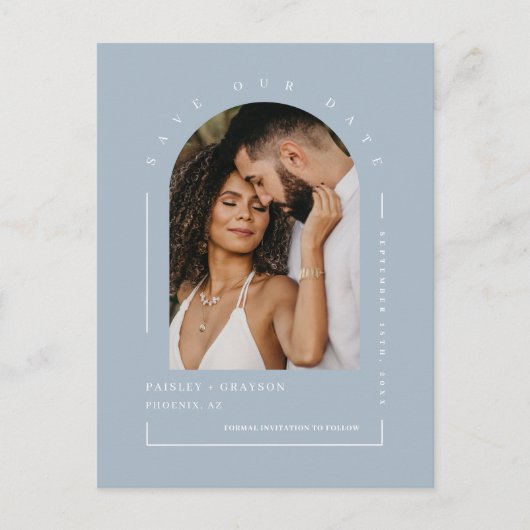 Carte Postale Dusty Blue Boho Arch Photo QR Code Enregistrer not (Devant)