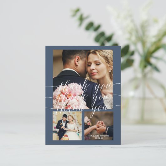Carte Postale Dusty Blue Calligraphy 3 Mariage photo Merci (Debout devant)