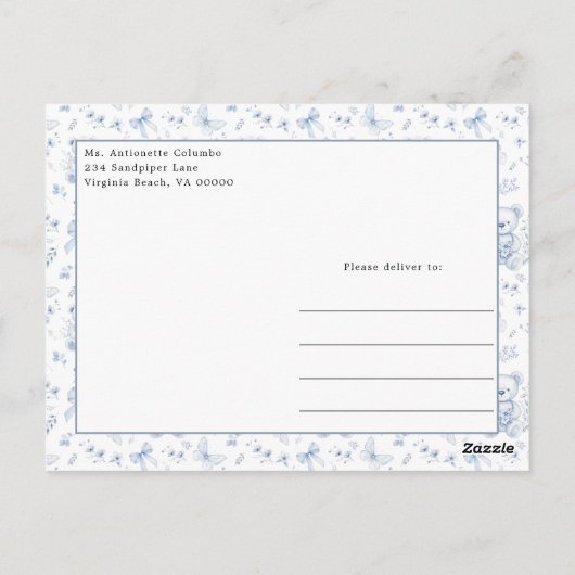 Carte Postale Dusty Blue Chinoiserie Teddy Bear and Bows Baby (Dos)