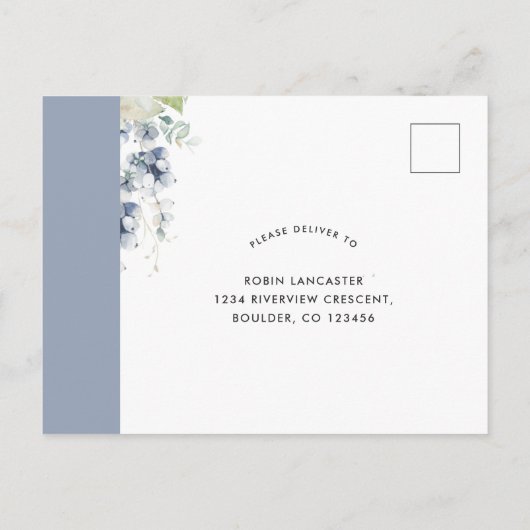 Carte postale Dusty Blue Floral RSVP avec/sans rep (Dos)