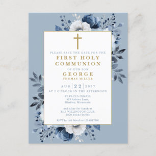 Carte Postale Dusty Blue Floral Sainte Communion Enregistrer La