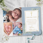 Carte Postale Dusty Blue Foliage Photo Collage Baptême Merci<br><div class="desc">Baptême signature or baptême baptême collage photo merci carte postale. Personnalisez avec vos 3 photos spéciales et baptême spécial,  christening message de remerciement en lettres d'or chic sur ce design moderne élégant bleu poussiéreux. Conçu par Thisisnotme©</div>