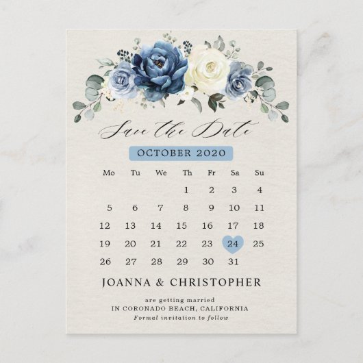Carte Postale Dusty Blue Navy Champagne Ivory Enregistrer la dat (Devant)