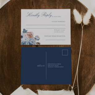 Carte Postale Dusty Blue & Peach Floral Wedding RSVP