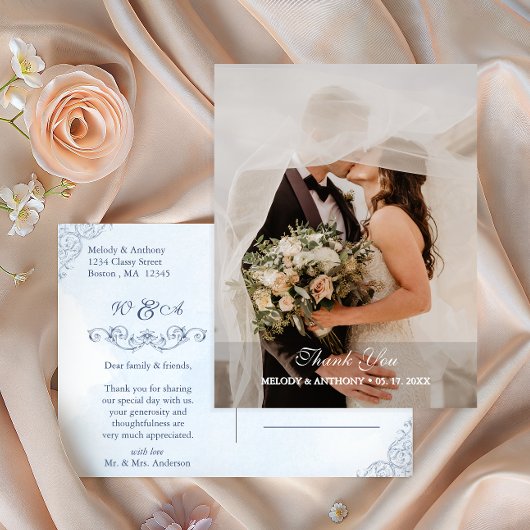 Carte Postale Dusty Blue Photo Wedding Thank You