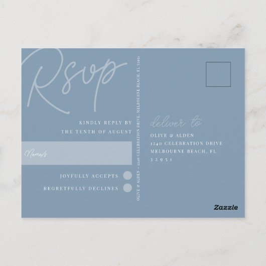 Carte Postale Dusty Blue | Script Watermark RSVP (Dos)